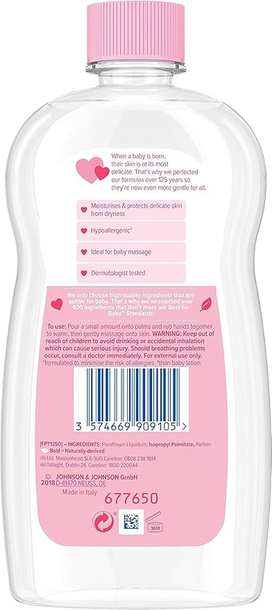 Johnson's Baby Oil (1 x 500 ml) Moisturising Baby Oil to Protect Delicate and Dry Skin, Hypoallergenic and pH-Balanced, Ideal for Massage, Moisturiser for Dry Skin to Soften Hands and Body