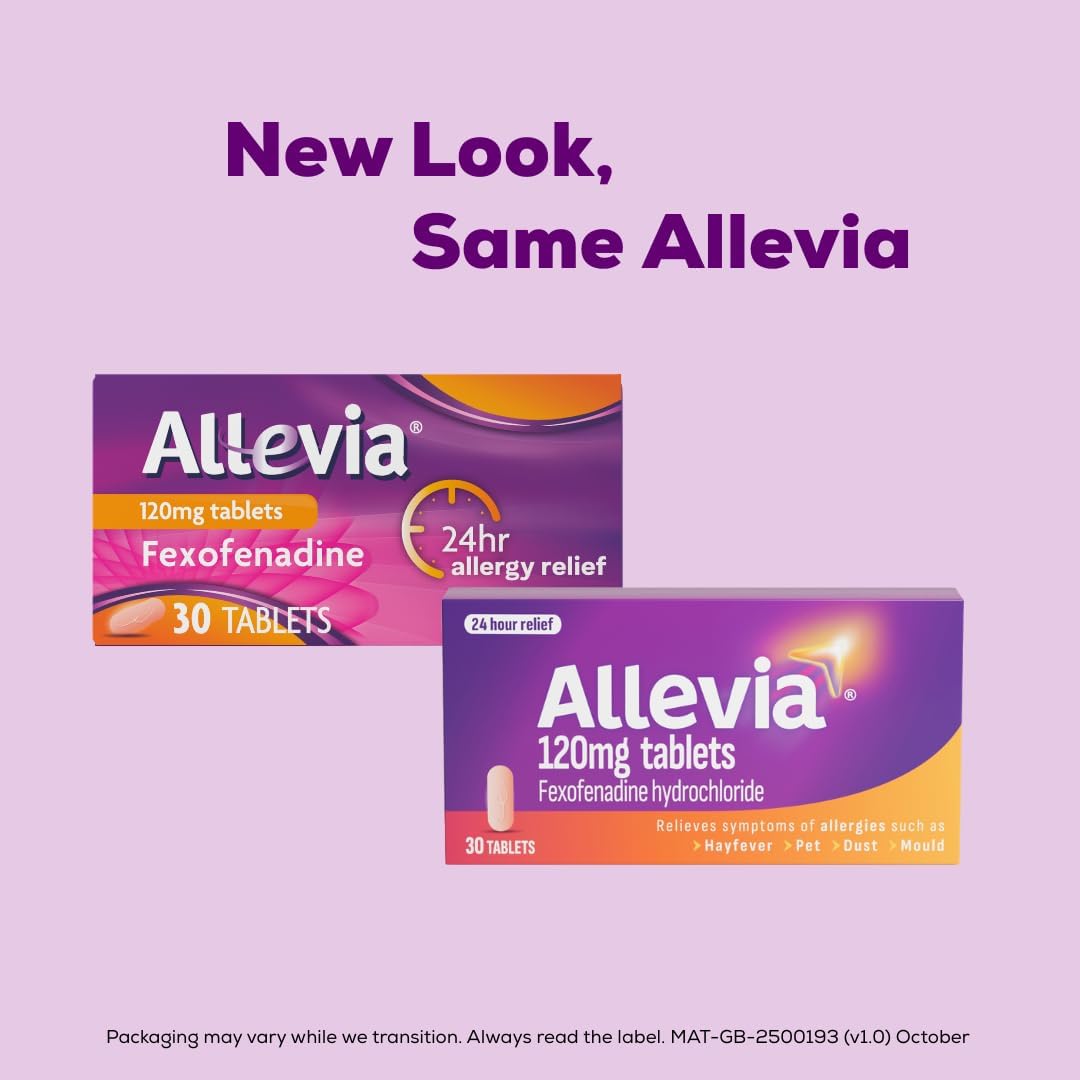 Allevia Hayfever Allergy Tablets, Prescription Strength 120 mg Fexofenadine, 24hr Relief Acts Within 1 Hour, Including Sneezing, Watery Eyes, Itchy and Runny Nose, 30 Tablets