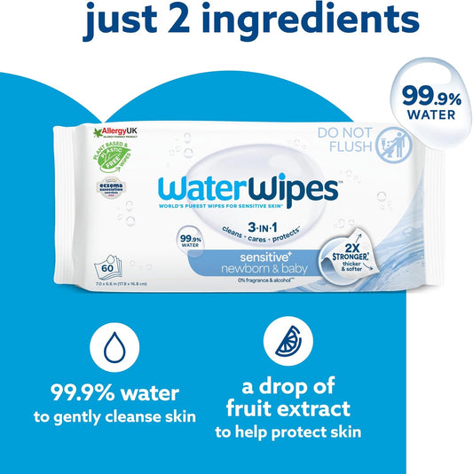 WaterWipes Sensitive+ Newborn & Baby Wipes, 720 Count (12 Packs)