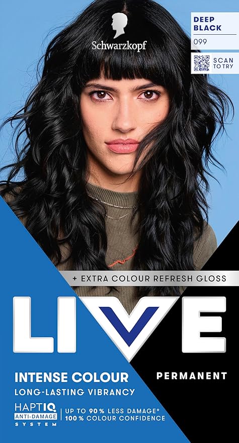 Schwarzkopf LIVE Intense Colour 099 Deep Black, Long-lasting Permanent Black Hair Dye, With Extra Colour Refresh Gloss