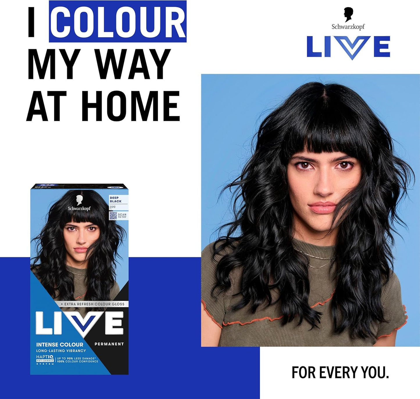 Schwarzkopf LIVE Intense Colour 099 Deep Black, Long-lasting Permanent Black Hair Dye, With Extra Colour Refresh Gloss