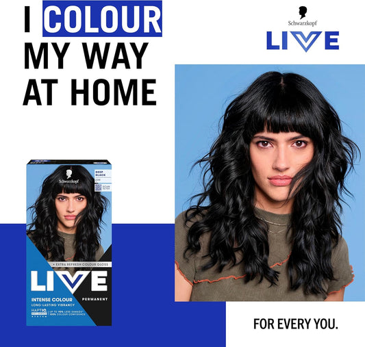 Schwarzkopf LIVE Intense Colour 099 Deep Black, Long-lasting Permanent Black Hair Dye, With Extra Colour Refresh Gloss