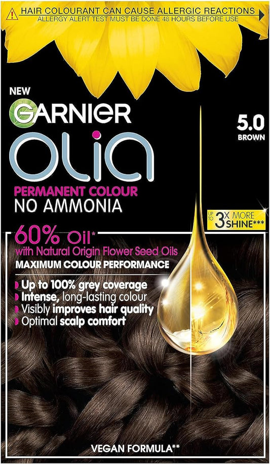 Garnier Olia 5.0 Brown, oil-powered, no-ammonia. 100% grey coverage. Luminous, long-lasting, vibrant brown hair color with exceptional shine and a healthy, nourished feel.