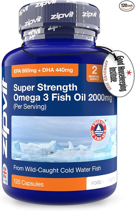 Zipvit Omega 3 Fish Oil 2000mg, EPA 660mg DHA 440mg, Wild-Caught, Cold Water Fish, Supports Heart, Brain & Vision, 120 Softgels, 2 Months Supply