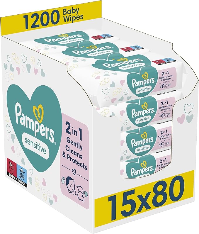 Pampers Sensitive Baby Wipes 15 Packs of 80 Wipes = 1200 Baby Wet Wipes, Unscented, for Soft and Gentle Clean