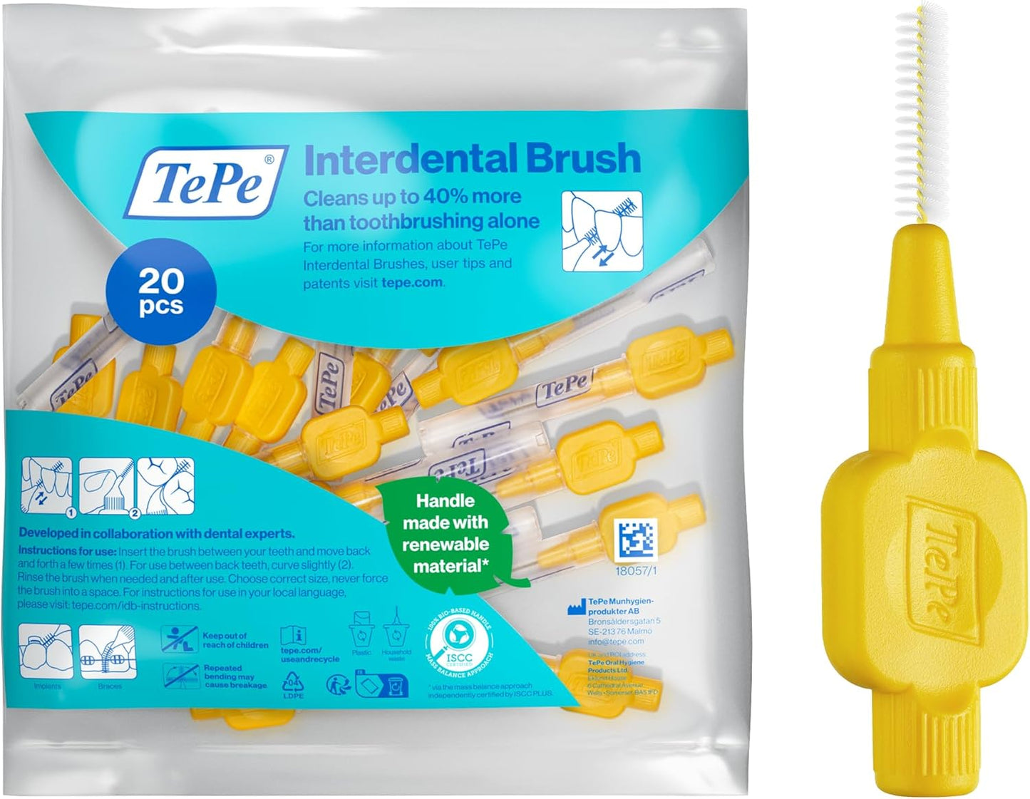 TePe Interdental Brush, Original, Yellow, 0.7mm/ISO 4, 20pcs, efficient Cleaning Between Teeth, Plaque Remover and Dental flosser for Small Gaps