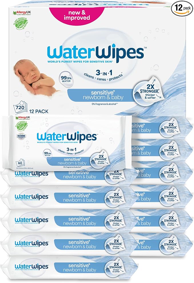 WaterWipes Sensitive+ Newborn & Baby Wipes, 720 Count (12 Packs)