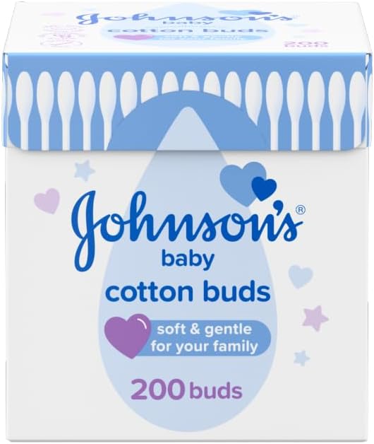 Johnson's Baby Cotton Buds (1 x Pack of 200) Soft & Gentle Ear Buds for Delicate Skin, Made of 100% Pure Cotton and Paper Sticks